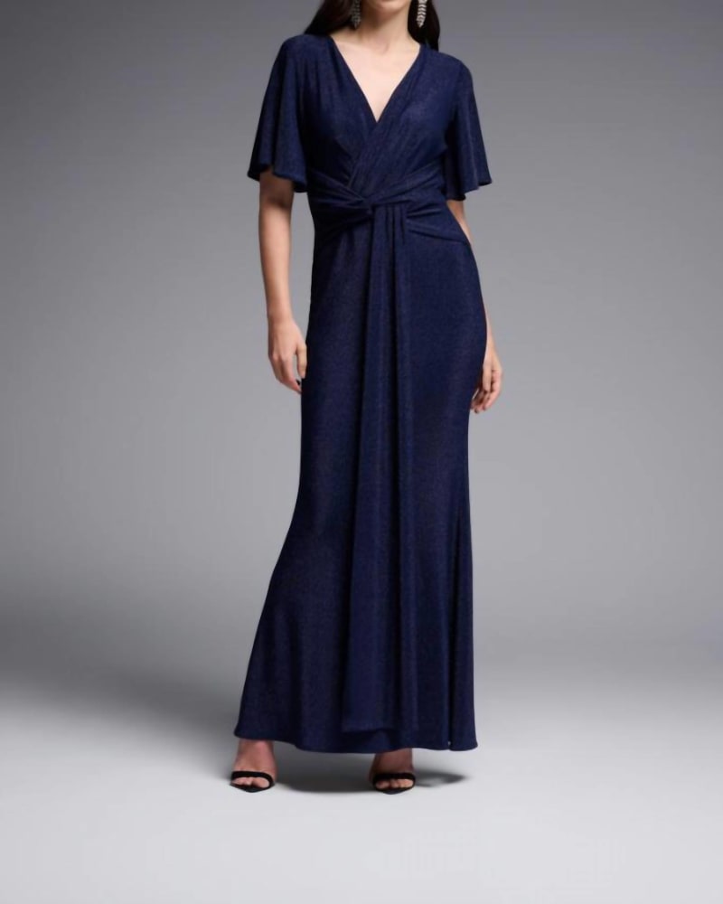 Front of a model wearing a size 12 Solid Lurex Fit And Flare Maxi Dress In Navy in Navy by Joseph Ribkoff. | dia_product_style_image_id:342780